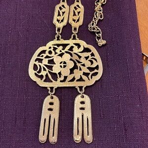 Vintage huge dangle drop gold tone chunky necklace reversible pendant statement